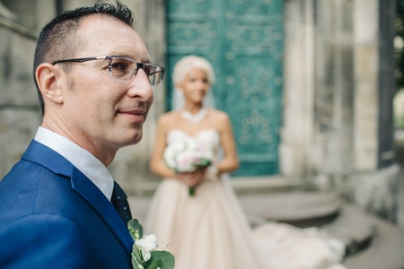 Young couple man and woman outdoor posing.の写真素材