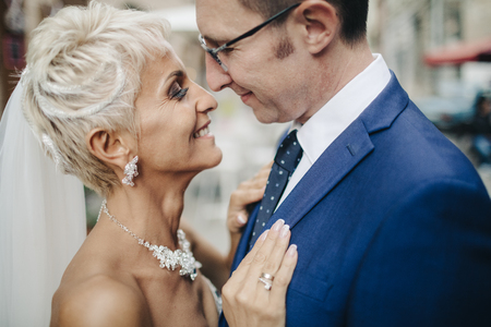 wedding couple  posing in cityの写真素材