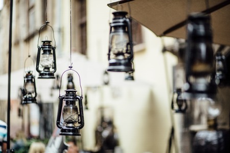 wedding ceremony with  Lit hurricane lampsの写真素材