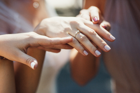 Brides hand with wedding ringの写真素材