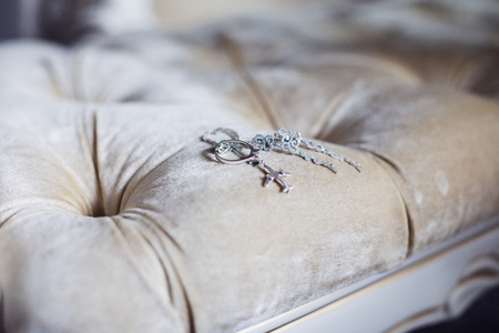 Wedding rings on wooden background. Shallow focus.の写真素材