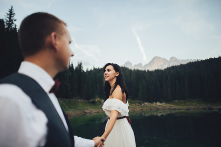 Happy couple of newlyweds against the backdrop of the mountainsの写真素材