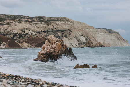 Seascape with Petra tou Romiou, also known as Aphrodites Rock,の写真素材
