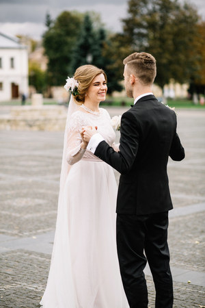 Lovely moment of the young couple in the wedding dayの写真素材
