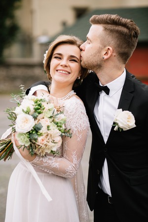 Wedding couple together close to each otherの写真素材