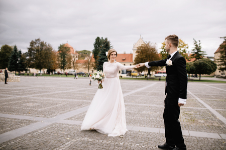 Lovely moment of the young couple in the wedding dayの写真素材