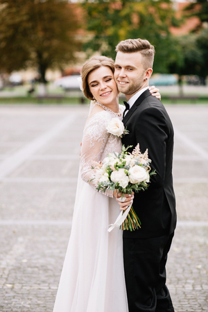 Wedding couple together close to each otherの写真素材