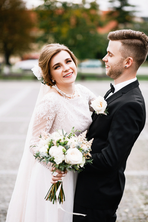 Wedding couple together close to each otherの写真素材