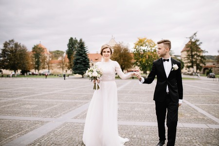 Lovely moment of the young couple in the wedding dayの写真素材