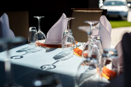 table set for wedding or another catered event dinnerの写真素材