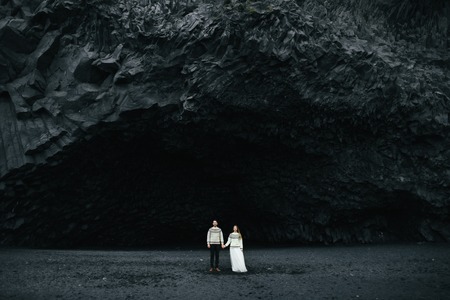 Amazing romantic view of happy couple near beautiful grand waterの写真素材
