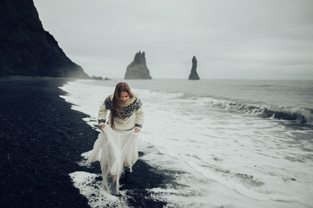 Amazing romantic view of happy couple near beautiful grand waterの写真素材
