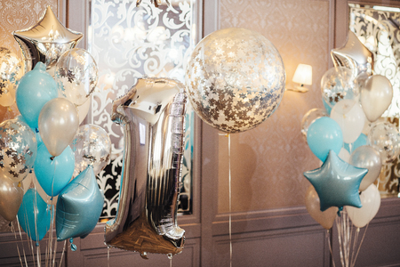 Colorful balloons background, one year. Number one. Holiday concの写真素材