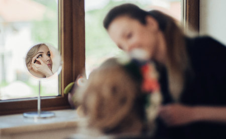 Portrait of beautiful Bride with wedding dress at morning.の写真素材