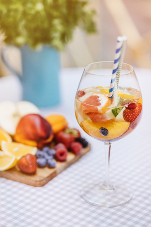 Top view of summer drinks, fruit cocktails on white wood tableの写真素材