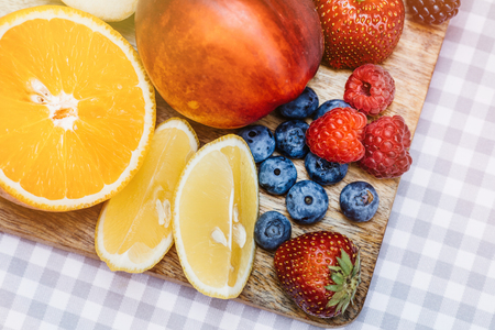 Top view of summer drinks, fruit cocktails on white wood tableの写真素材