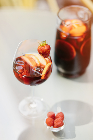 Top view of summer drinks, fruit cocktails on white wood tableの写真素材