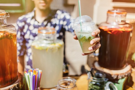Top view of summer drinks, fruit cocktails on white wood tableの写真素材