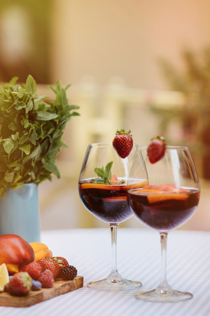 Top view of summer drinks, fruit cocktails on white wood tableの写真素材