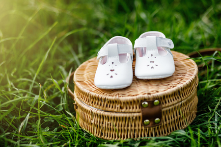 Waiting of baby. Pregnant woman. Happy family. baby's bootees with free copy space.の写真素材