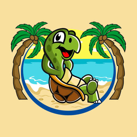 Cartoon mascot funny turtle resting on the beach. Vector illustration