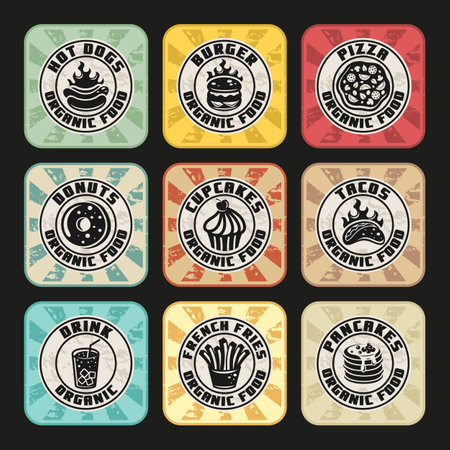 Modern sticker set with snacks, fast food and baked goodsのイラスト素材