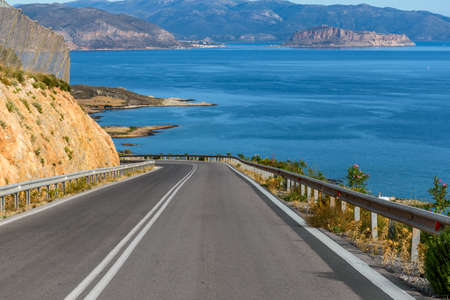 View of the road leading to the fortified medieval  town of Monemvasia, Peloponesse, Greeceの写真素材