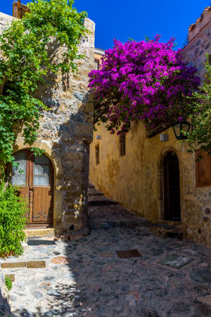 Traditional architecture with  narrow  stone street and a colorfull bougainvillea in  the medieval  castle of Monemvasia, Lakonia, Peloponnese, Greece.のeditorial素材