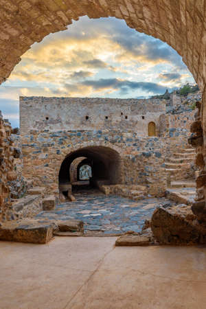 View of traditional architecture and yellow stone's arch  from upper town  the medieval  castle of Monemvasia, Lakonia, Peloponnese.のeditorial素材