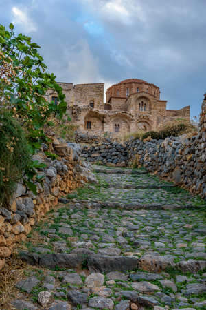 The stone road leading to the Byzantine Church of Agia Sofia on the top  of the medieval castle of Monemvasia,Greece.のeditorial素材