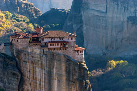 Roussanou monastery, located on a unique rock formation  above the village of Kalambaka during fall season.の写真素材