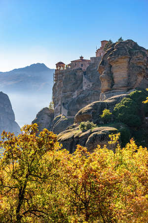 varlaam monastery, located on a unique rock formation  above the village of Kalambaka during fall...
