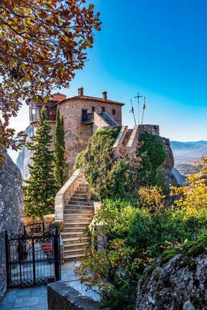 Roussanou monastery, located on a unique rock formation  above the village of Kalambaka during fall...