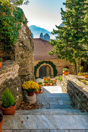 Roussanou monastery, located on a unique rock formation  above the village of Kalambaka during fall season.の写真素材