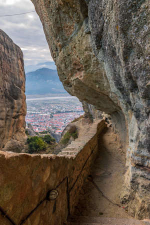 view from Agia triada , HolyTrinity,  monastery, located on a unique rock formation  above the village of Kalambaka during fall season.の写真素材