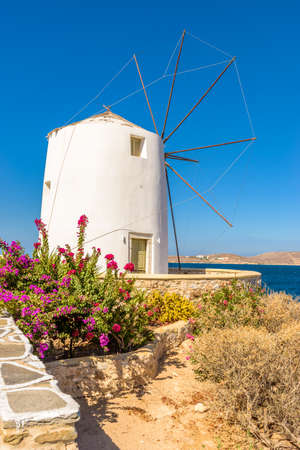 Traditional Cycladitic alley with narrow street, whitewashed church and  flowers in parikia, Paros island, Greece.の写真素材