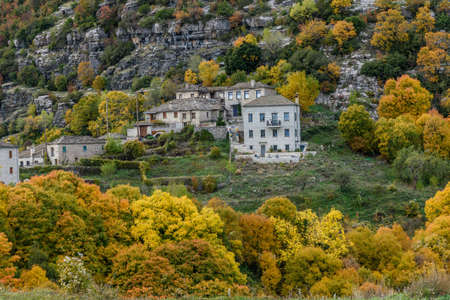 The picturesque village of Tsepelovo during fall season with its architectural traditional old stone...