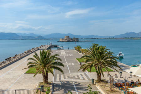 Spring view of historical  Venetian water castle of Bourtzi located in  the old harbour of Nafplio Argolis Greece.のeditorial素材
