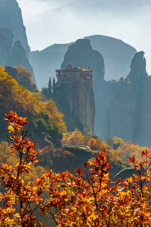 Rousanou  monastery,  located on a unique rock formation  above the village of Kalambaka during fall season.の写真素材