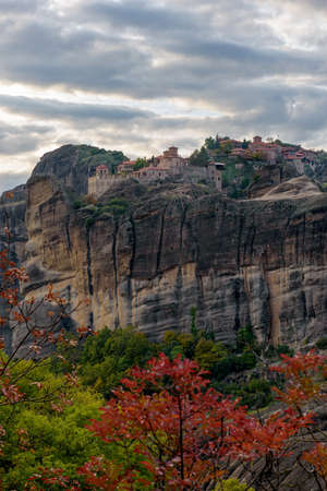 Grand Meteoro   , an unesco world heritage site,  located on a unique rock formation  above the village of Kalambaka during fall season.のeditorial素材