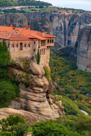 Varlaam monastery, an unesco world heritage site,  located on a unique rock formation  above the village of Kalambaka during fall season.のeditorial素材