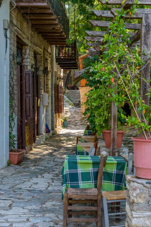 The picturesque village of Makrinitsa with its architectural traditional old stone  buildings located on Pelion mountain , above Volos town ,Magnisia,Greece.の写真素材