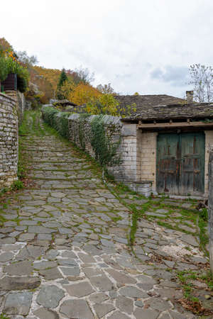 The picturesque village of Dilofo during fall season with its architectural traditional old stone ...