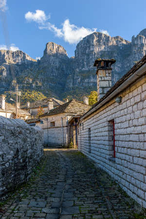 view of traditional architecture  with   stone buildings and background astraka mountain during ...