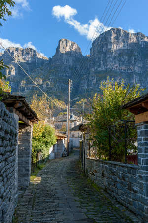 view of traditional architecture  with   stone buildings and background astraka mountain during ...