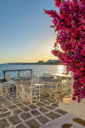 Traditional Cycladitic view with an exterior of a bar besides the sea  during afternoon in Naousa  Paros island, Greeceの写真素材