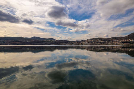 Aerial view of the city of Kastoria and Lake Orestiada in north Greece.の写真素材