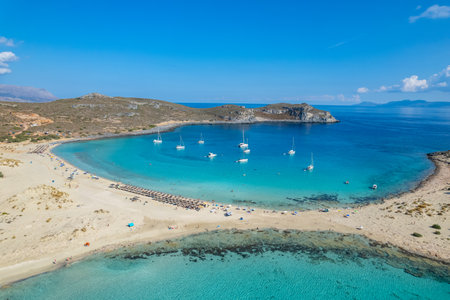 Aerial view of Simos beach in Elafonisos. Located in south  Peloponnese elafonisos is a small island very famous for the paradise sandy  beaches and the turquoise waters.の写真素材