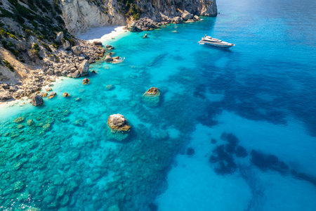 Aerial photo of the paradise beach Afales in Ithaca, the beautiful  Ionian island of Greece.の写真素材
