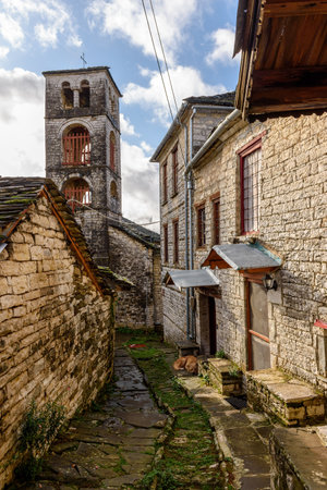 The picturesque village of Dilofo during fall season with its architectural traditional old stone ...